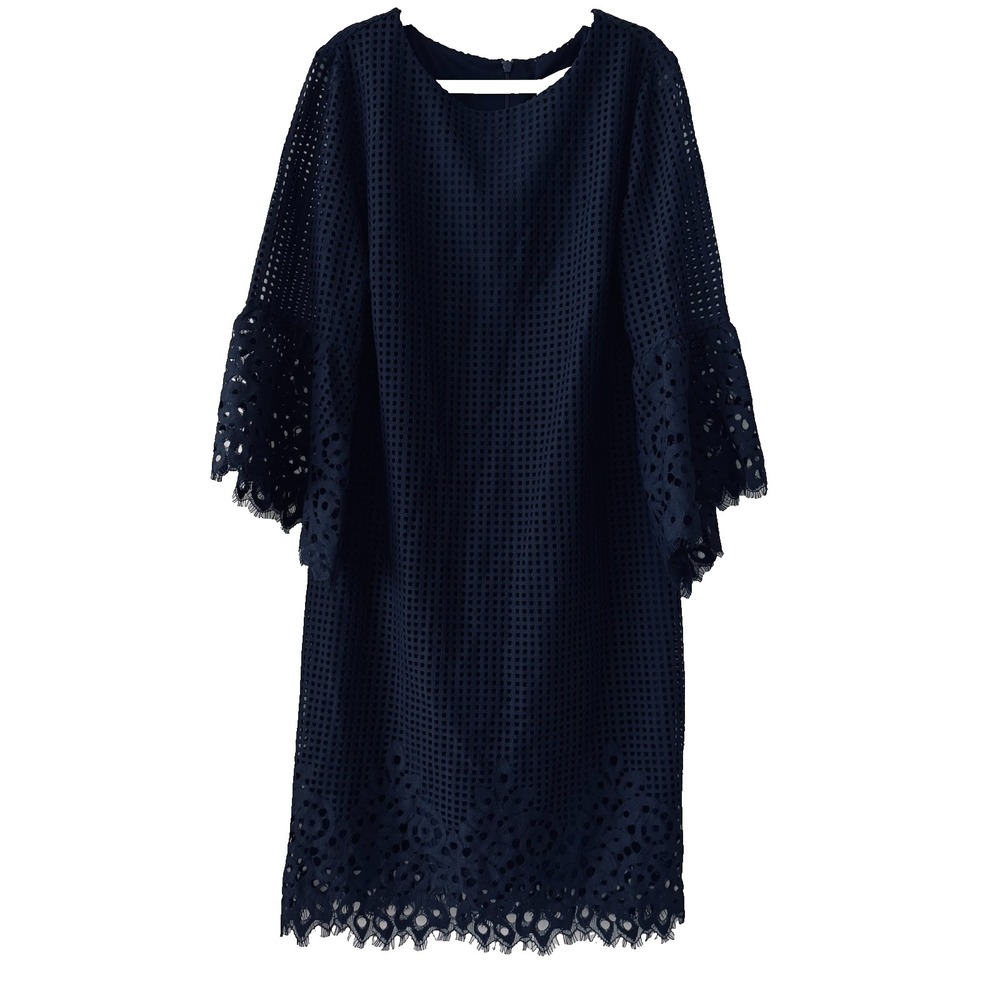 Jude Connally Navy‎ Eyelet Lace Shift Dress Bell Sleeve Sheath USA Small Women